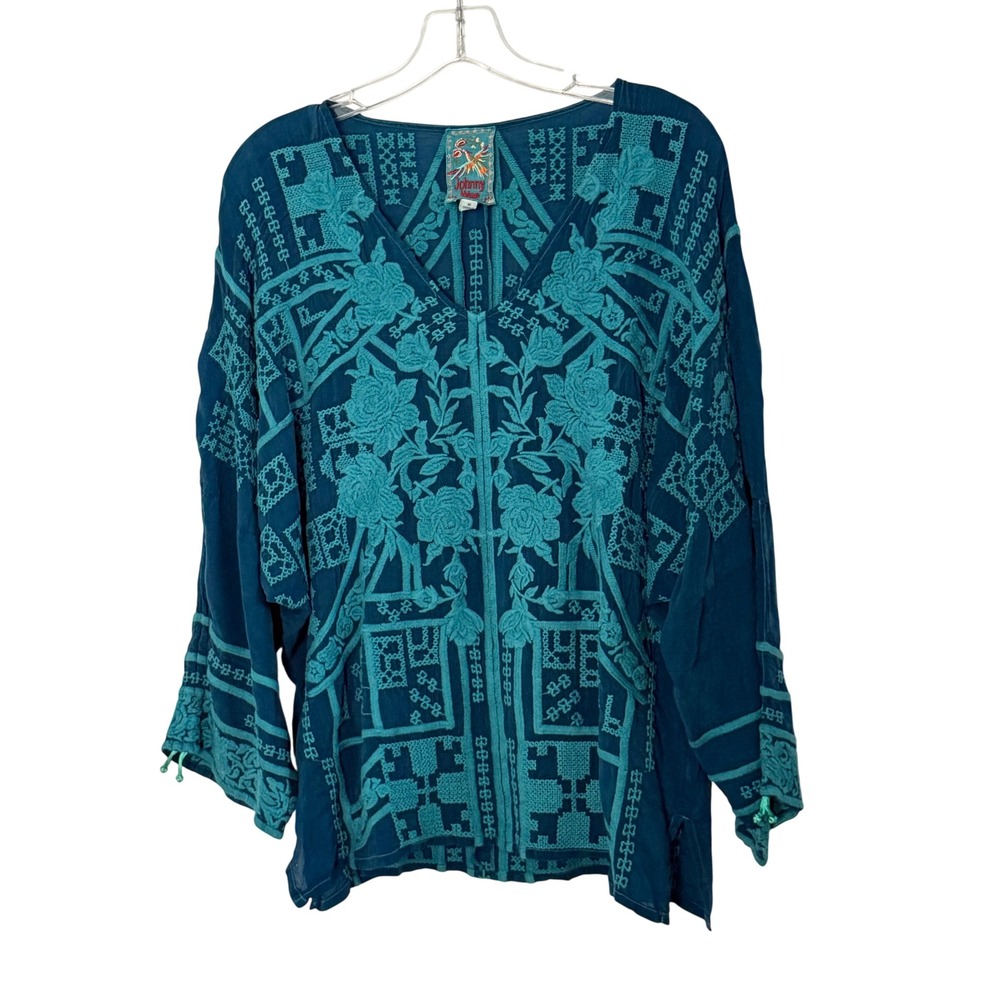 Johnny Was Embroidered Floral Cupra Top Rayon V Neck Turqouise Boho - Medium